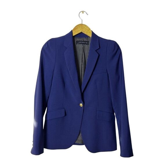 Zara Woman Blue Blazer With Gold Button & Star Print Lining Long Sleeves Rear Ve - Picture 7 of 8